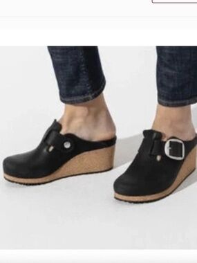 Birkenstock Papillio Fanny Big Buckle Black Oiled Leather Wedge Sz